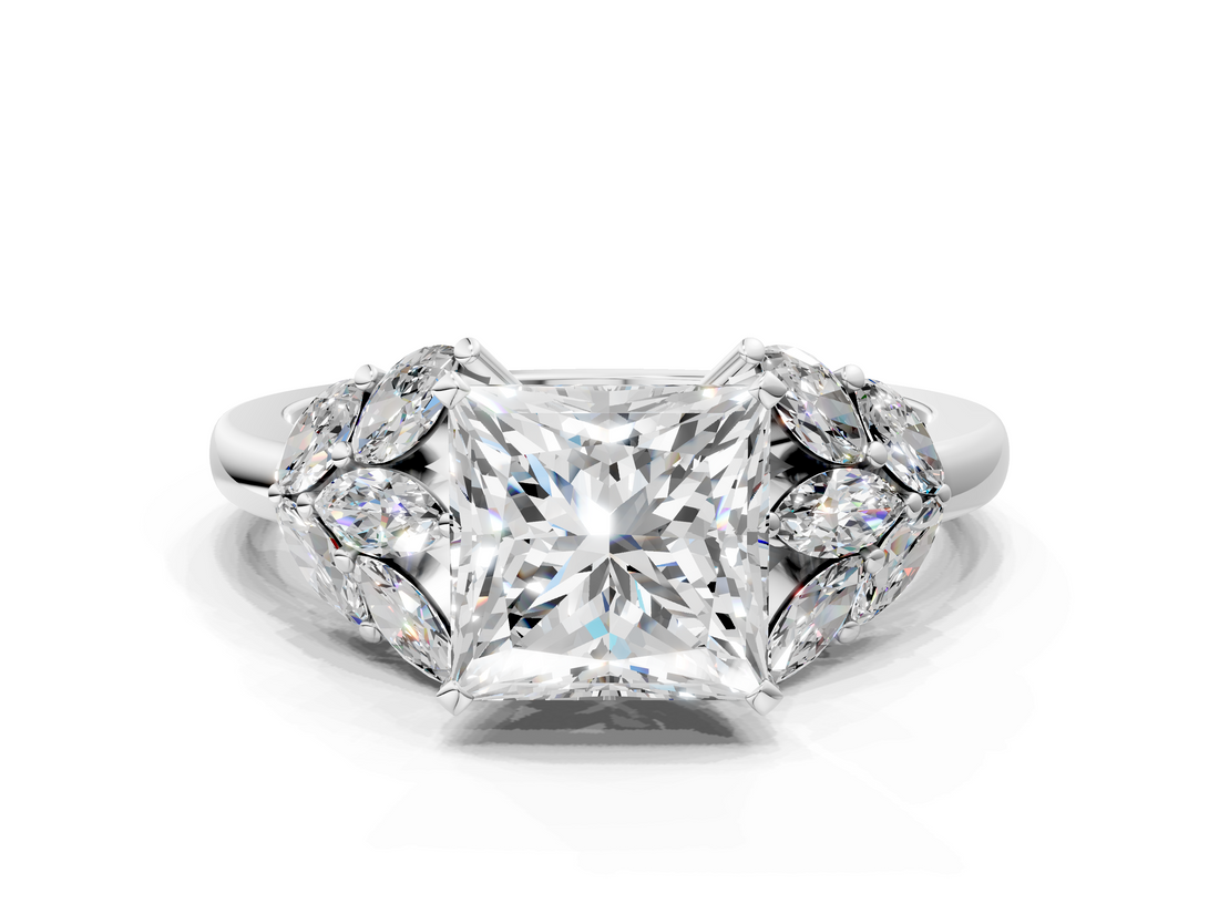 White gold Princess Diamond Cluster Leaf Design Ring with Prong Setting_90