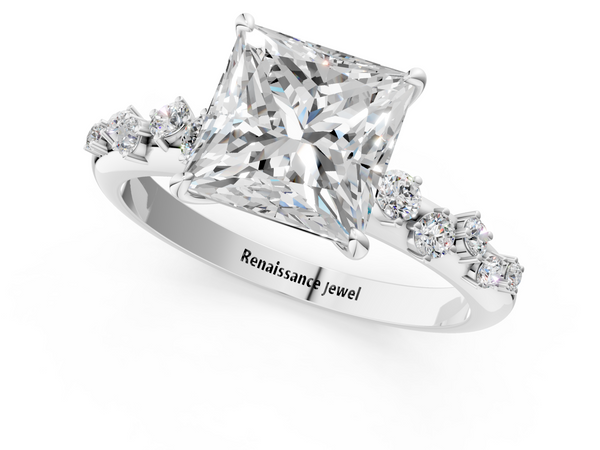 Platinum Princess Cut Solitaire Engagement Ring Setting with Graduated Scattered Round Accents