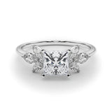 White gold Princess Diamond Floral Cluster Ring with Marquise Side Stones and Six-Prong Solitaire Setting 1