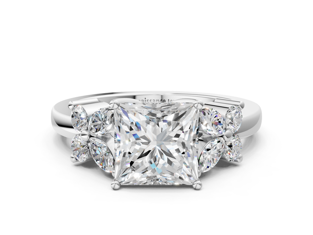 White gold Princess Diamond Floral Cluster Ring with Solitaire Band and Prong Setting_85