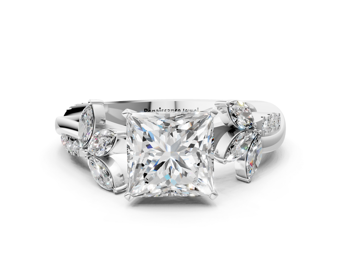 White gold Princess Diamond Floral Vine Solitaire Engagement Ring_23
