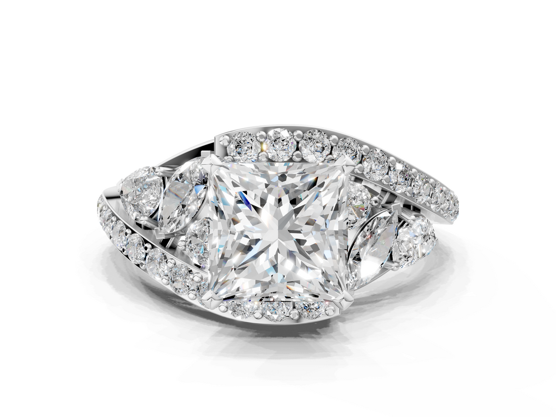 White gold Princess Diamond Halo Ring with Marquise and Pavé Band in Prong Setting_128