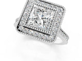 White gold Princess Diamond Halo Ring with Milgrain Frame and Pavé Band 1