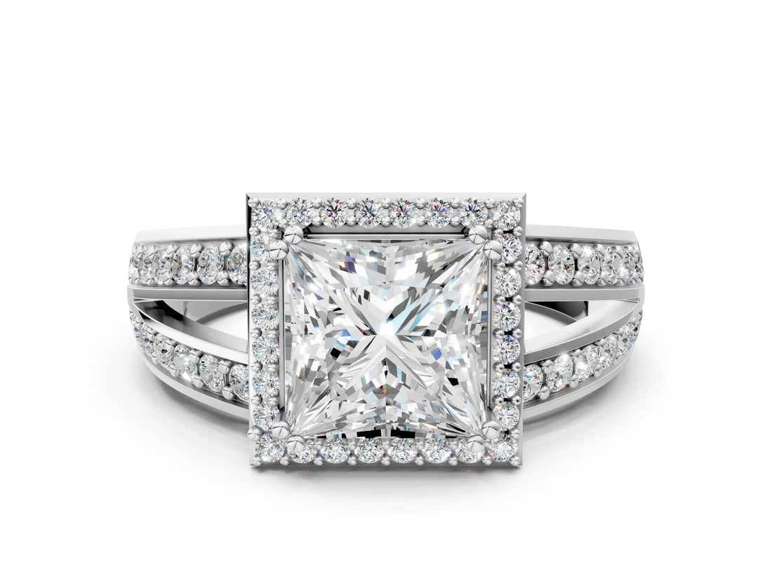 White gold Princess Diamond Halo Ring with Split Shank Pavé Band and Four-Prong Setting_6