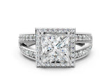 White gold Princess Diamond Halo Ring with Split Shank Pavé Band and Four-Prong Setting_6