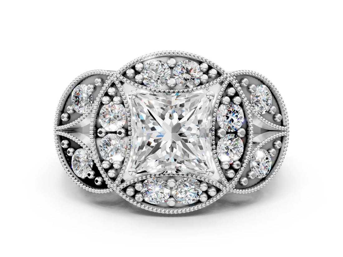 White gold Princess Diamond Milgrain Marquise Filigree Engagement Ring with Prong Setting_6