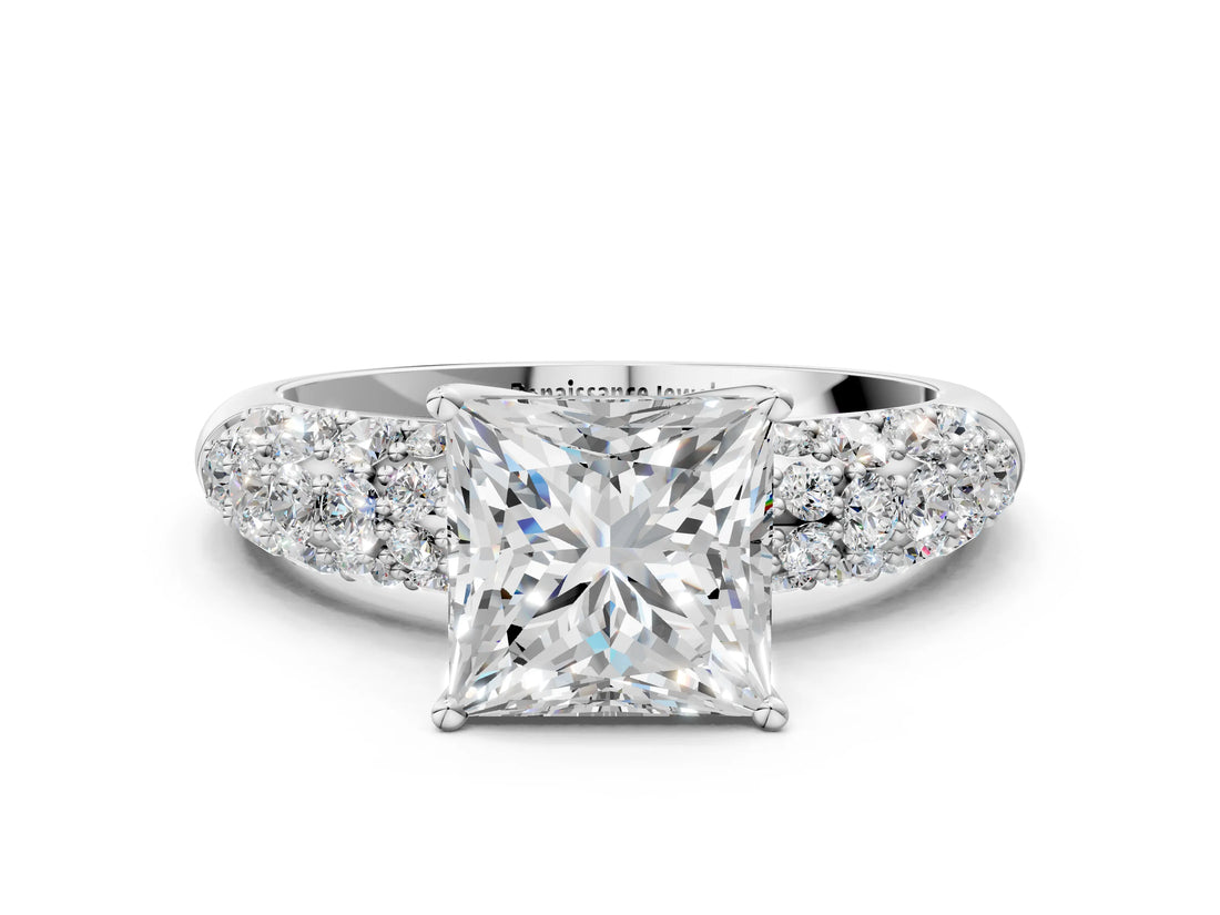 White gold Princess Diamond Pavé Band Solitaire Ring with Four-Prong Setting_48