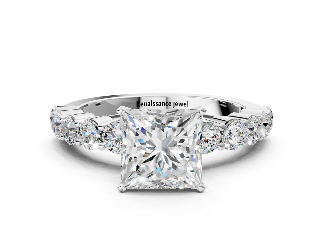 White gold Princess Diamond Pavé Band Solitaire with Four-Prong Setting_38