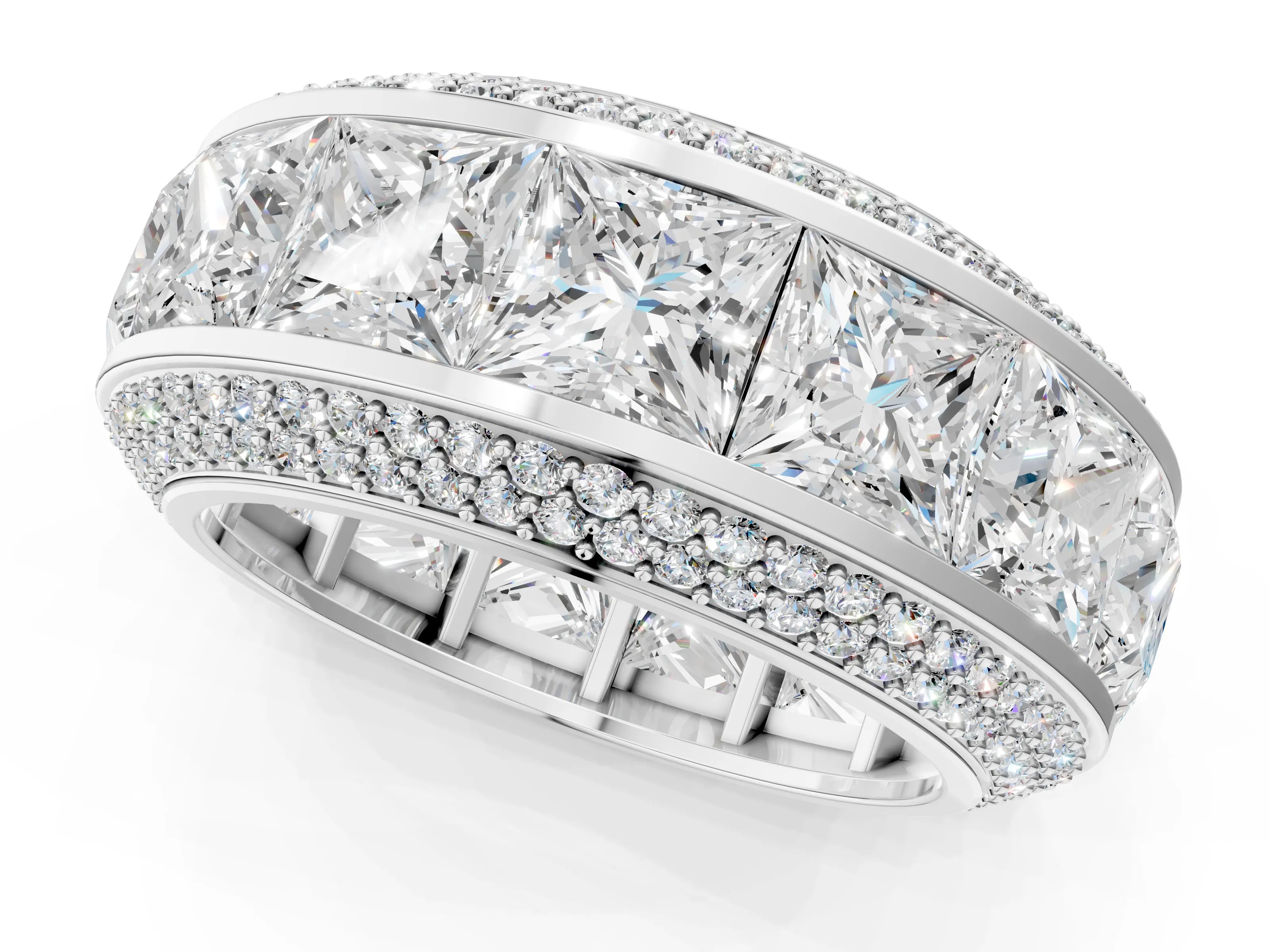 White gold Princess Diamond Pavé Mens Wedding Band with Round Diamond Accents_1