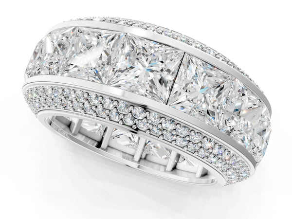 Silver Princess Diamond Pavé Mens Wedding Band with Round Diamond Accents