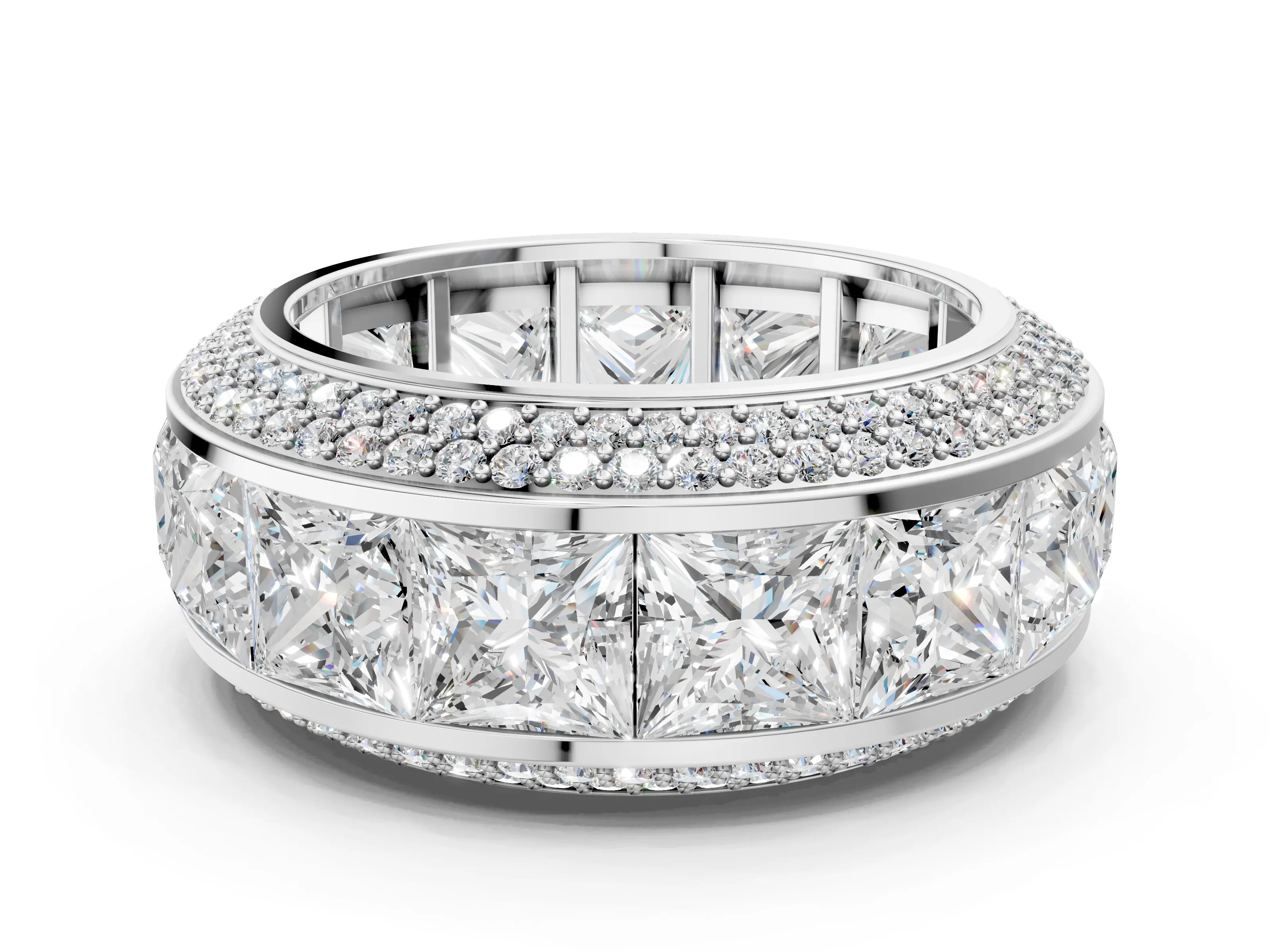 White gold Princess Diamond Pavé Mens Wedding Band with Round Diamond Accents