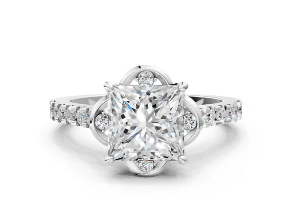 Platinum Princess Cut Floral Petal Pave Engagement Ring Setting