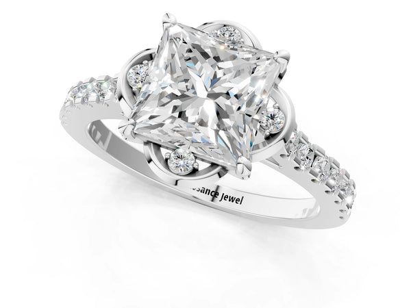 Platinum Princess Cut Floral Petal Pave Engagement Ring Setting