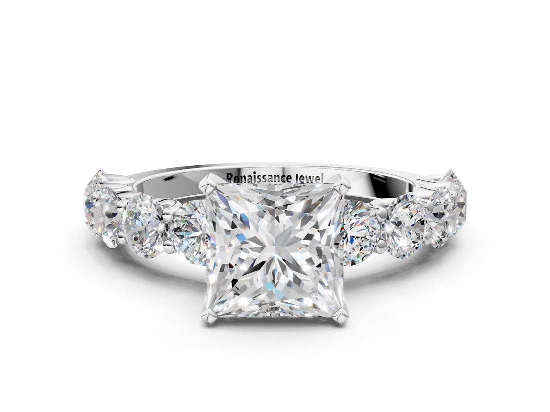 White gold Princess Diamond Prong Setting with Side Stones on a Pave Band_130