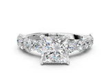 White gold Princess Diamond Prong Setting with Side Stones on a Pave Band_130