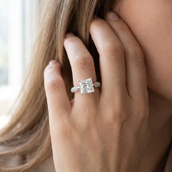 White gold Princess Diamond Solitaire Engagement Ring with Pavé Band and Four-Prong Setting