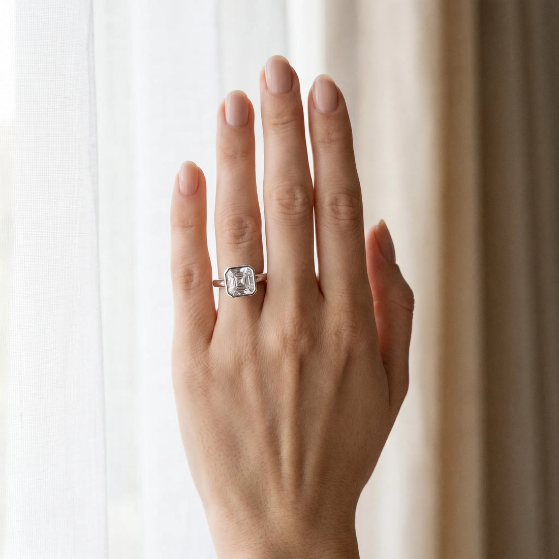 White gold Princess Diamond Solitaire Ring with Bezel Setting and Classic Band_3