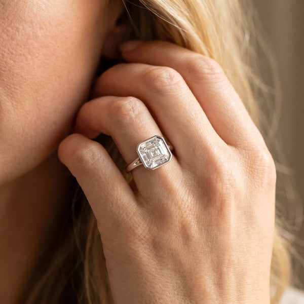 White gold Princess Diamond Solitaire Ring with Bezel Setting and Classic Band