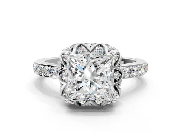 White gold Princess Diamond Solitaire Ring with Shared Prong Pavé Band