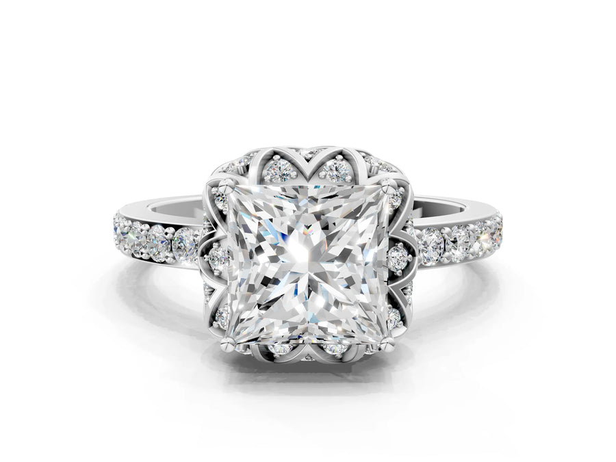 White gold Princess Diamond Solitaire Ring with Shared Prong Pavé Band