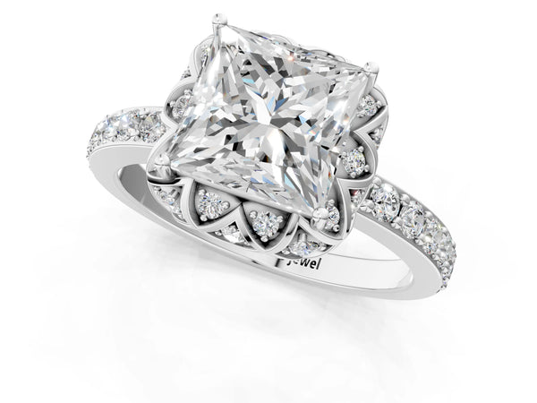 White gold Princess Diamond Solitaire Ring with Shared Prong Pavé Band