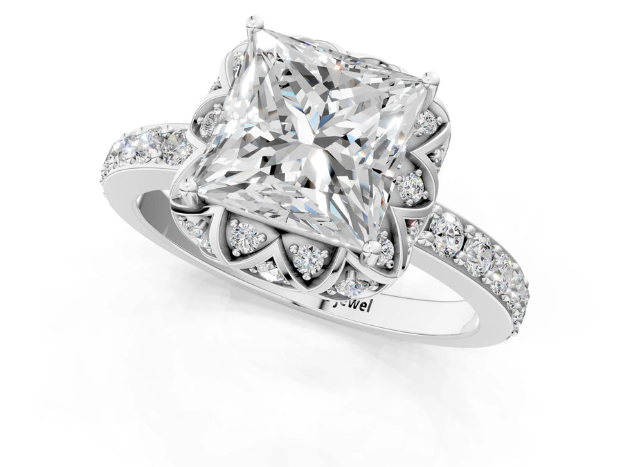 White gold Princess Diamond Solitaire Ring with Shared Prong Pavé Band