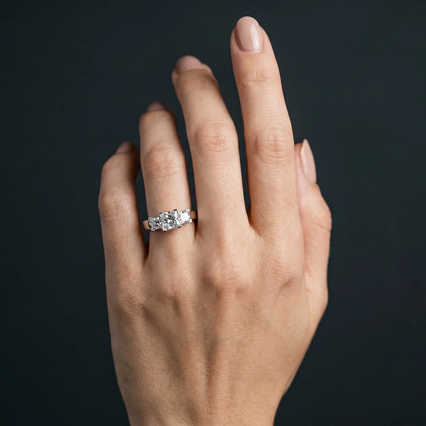 White gold Princess Diamond Three-Stone Ring with Prong Setting and Classic Band