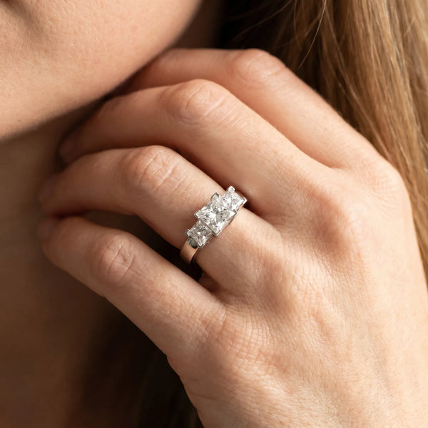 Silver Princess Diamond Three-Stone Ring with Prong Setting and Classic Band