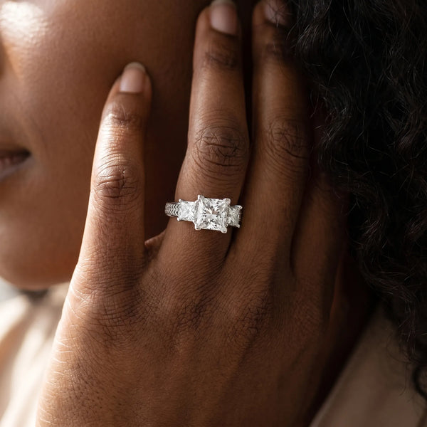 White gold Princess Diamond Three-Stone Ring with Prong Setting and Textured Band