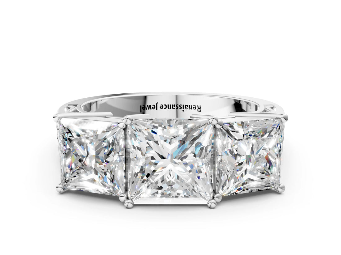 White gold Princess Diamond Three-Stone Ring with Prong Setting and Textured Band_6