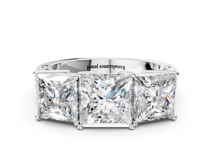 White gold Princess Diamond Three-Stone Ring with Prong Setting and Textured Band