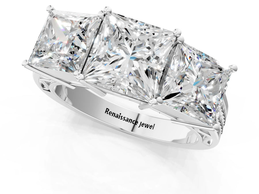 White gold Princess Diamond Three-Stone Ring with Prong Setting and Textured Band