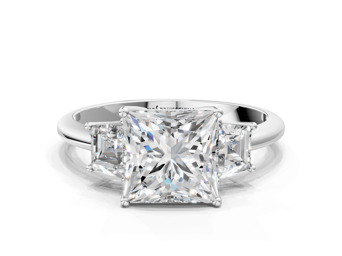 White gold Princess Diamond Three-Stone Ring with Trapezoid Side Stones and Prong Setting_22