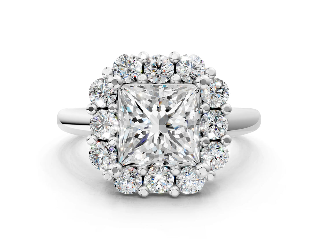 White gold Princess Halo Cluster Diamond Engagement Ring with Prong Setting and Polished Band_57