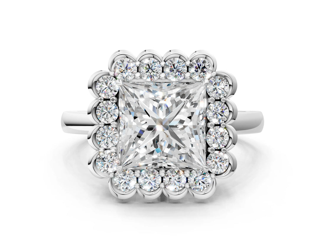 White gold Princess Halo Cluster Diamond Engagement Ring with Solitaire Band and Prong Setting_49