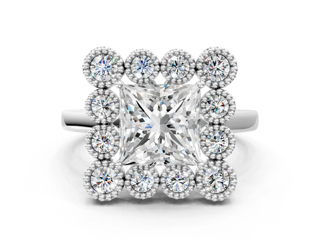 White gold Princess Halo Diamond Cluster Engagement Ring with Milgrain Bezel Setting and Solitaire Band_27