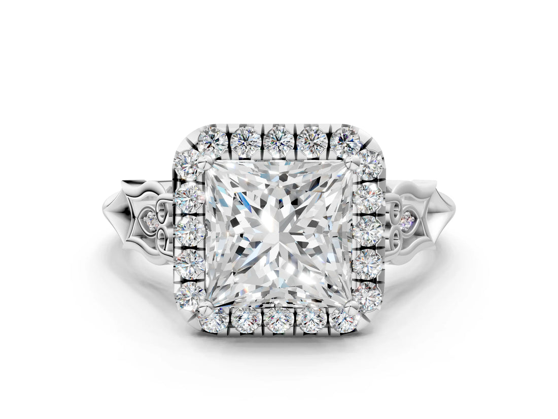 White gold Princess Halo Diamond Engagement Ring with Filigree Band and Four-Prong Setting_81