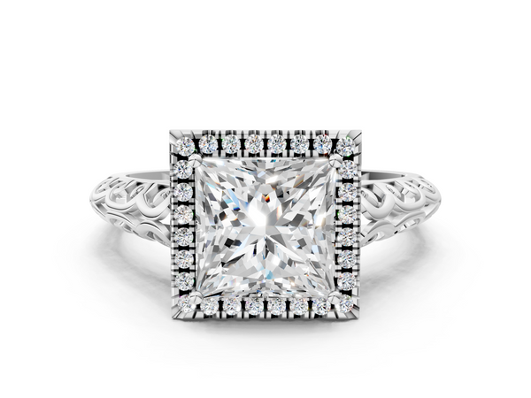 White gold Princess Halo Diamond Engagement Ring with Intricate Filigree Band and Four-Prong Setting