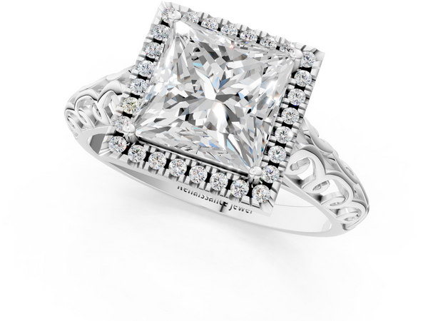White gold Princess Halo Diamond Engagement Ring with Intricate Filigree Band and Four-Prong Setting