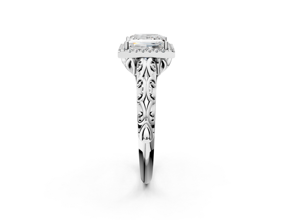 White gold Princess Halo Diamond Engagement Ring with Intricate Filigree Band and Four-Prong Setting