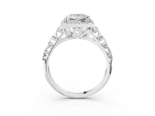 White gold Princess Halo Diamond Engagement Ring with Intricate Filigree Band and Four-Prong Setting
