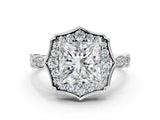 White gold Princess Halo Diamond Engagement Ring with Milgrain Band and Four-Prong Setting_37