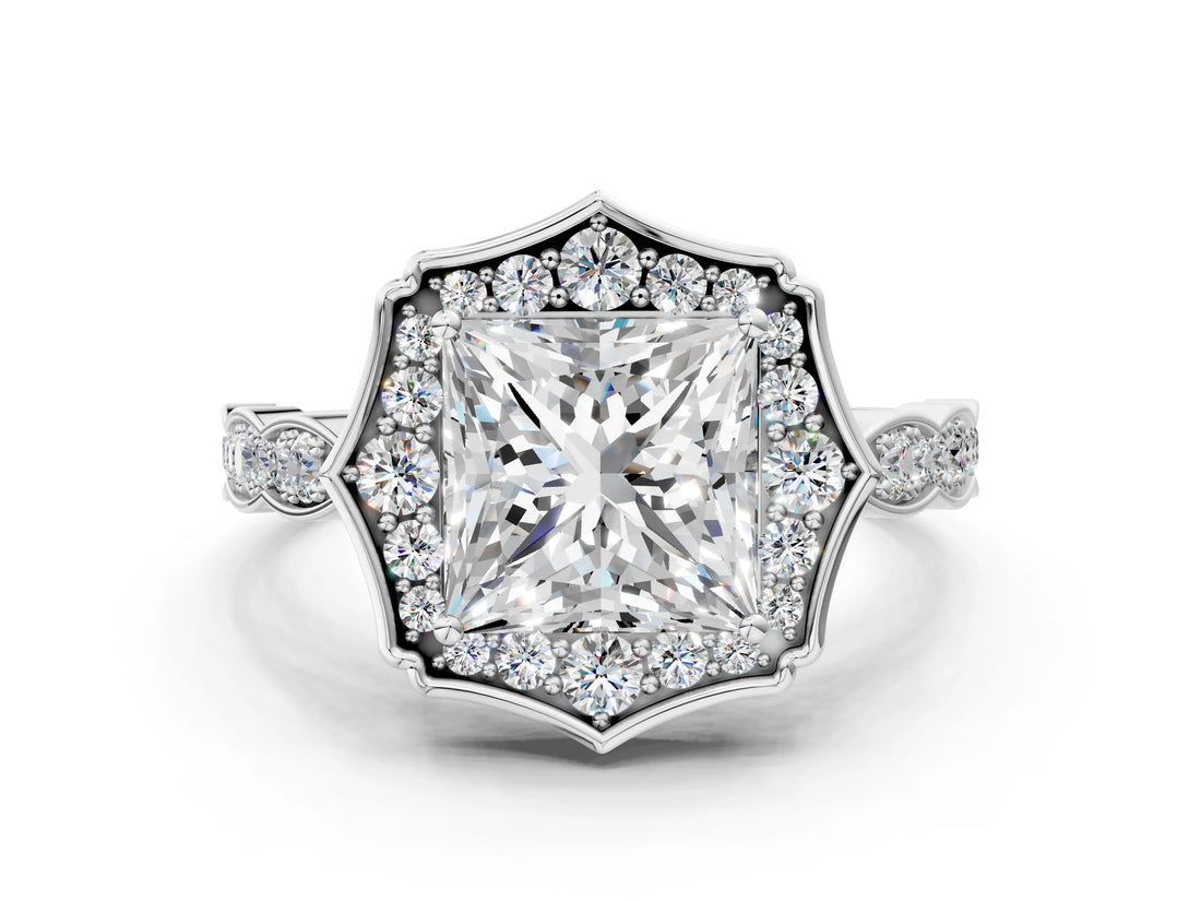White gold Princess Halo Diamond Engagement Ring with Milgrain Band and Four-Prong Setting_37