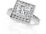White gold Princess Halo Diamond Engagement Ring with Milgrain Pave Band and Four-Prong Setting_100