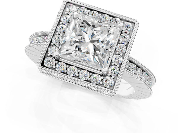 White gold Princess Halo Diamond Engagement Ring with Milgrain Pave Band and Four-Prong Setting