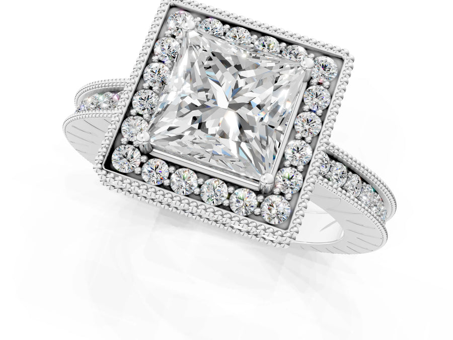 White gold Princess Halo Diamond Engagement Ring with Milgrain Pave Band and Four-Prong Setting