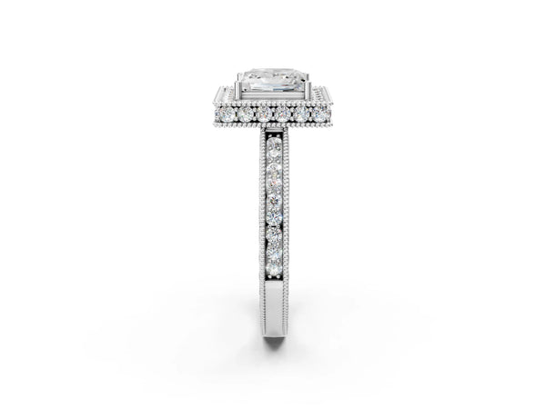 White gold Princess Halo Diamond Engagement Ring with Milgrain Pave Band and Four-Prong Setting