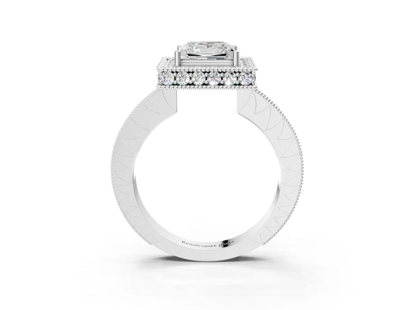 White gold Princess Halo Diamond Engagement Ring with Milgrain Pave Band and Four-Prong Setting