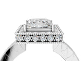 White gold Princess Halo Diamond Engagement Ring with Milgrain Pave Band and Four-Prong Setting_103