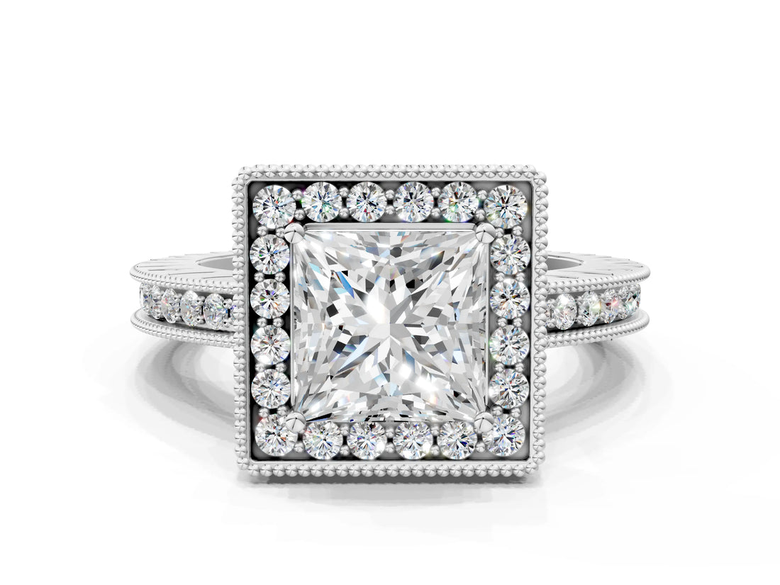 White gold Princess Halo Diamond Engagement Ring with Milgrain Pave Band and Four-Prong Setting_99